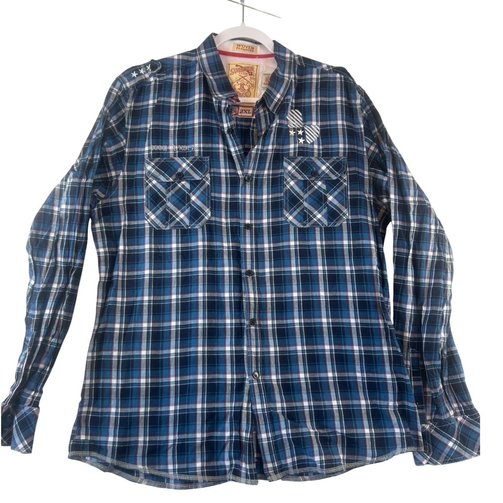 Sovereign Code Blue Plaid Button‎ Down Shirt Mens 2XL Embroidered accents